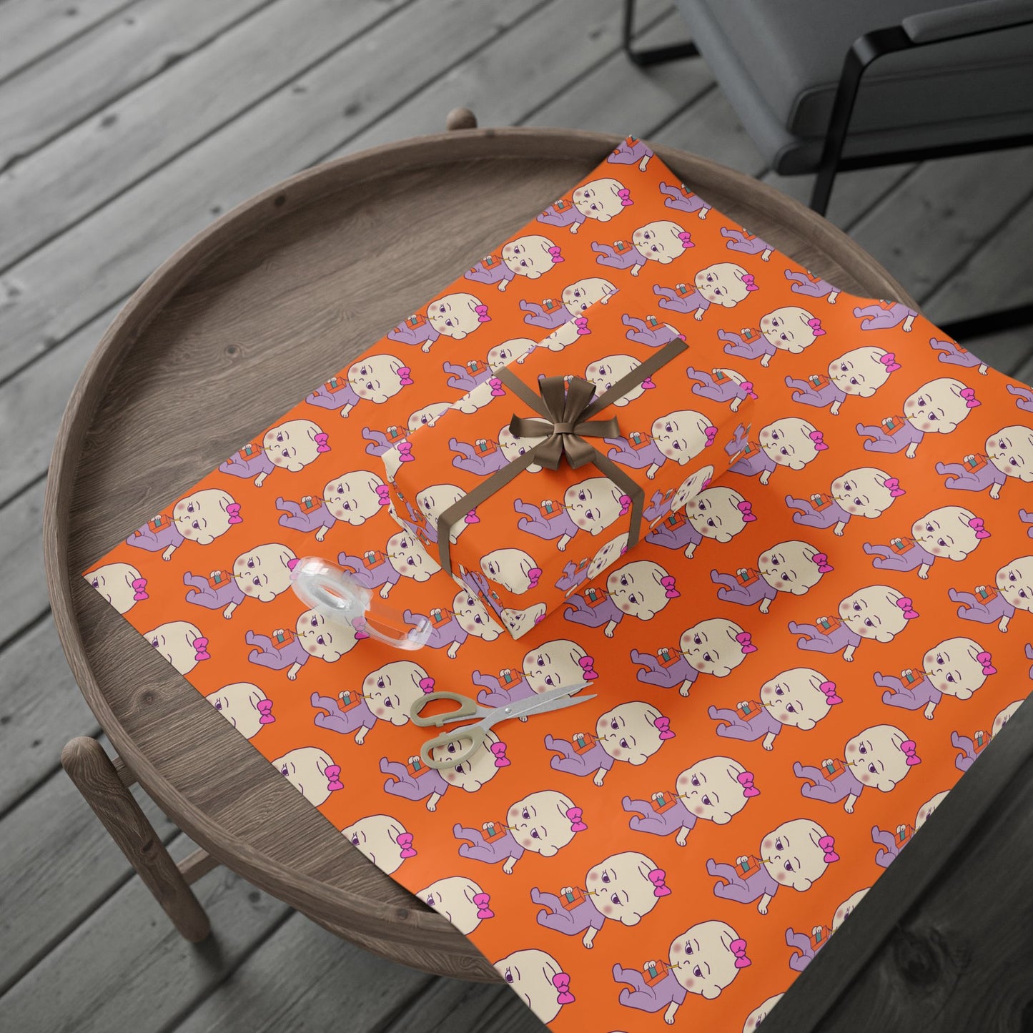 Wrapping Paper — Cute Retro Ghost Pattern on Bright Orange (Halloween Gift Wrap)